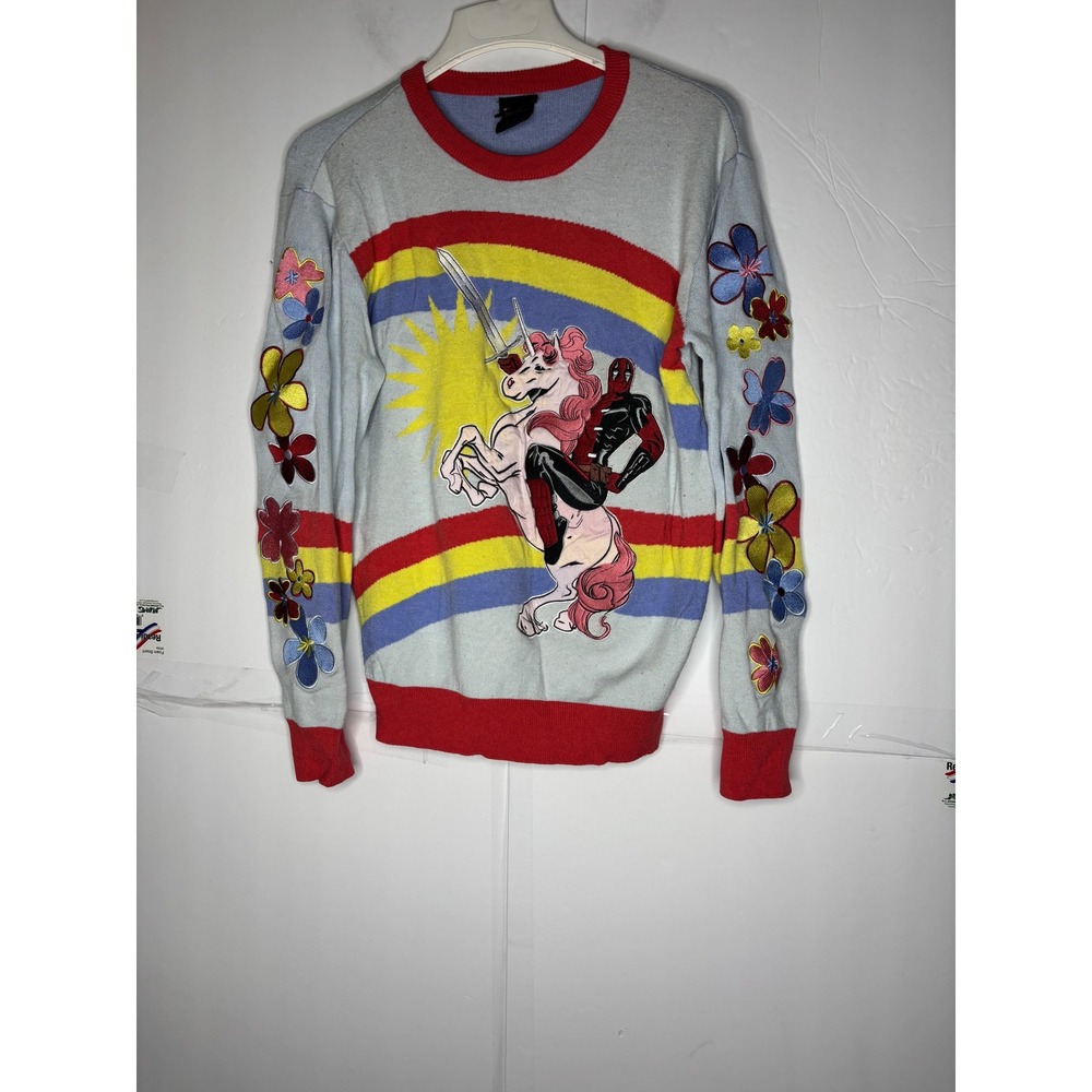 Marvel Deadpool Unicorn Rainbow‎ Graphic Knit Sweater Mens Small Blue Red Floral